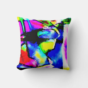 Blue Pink Black Yellow Green Abstract Art Motif Throw Pillow