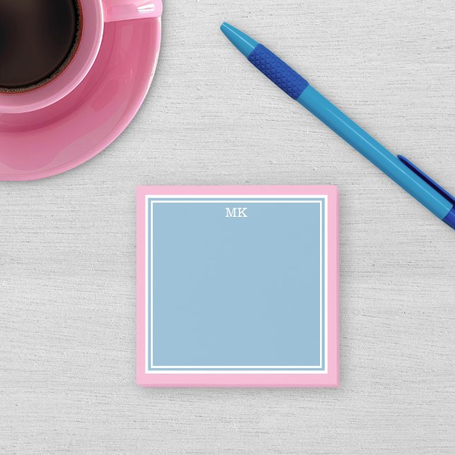 Blue Pink Borders Monogrammed Post-it Notes (Creator Uploaded)