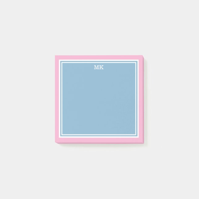 Blue Pink Borders Monogrammed Post-it Notes (Front)