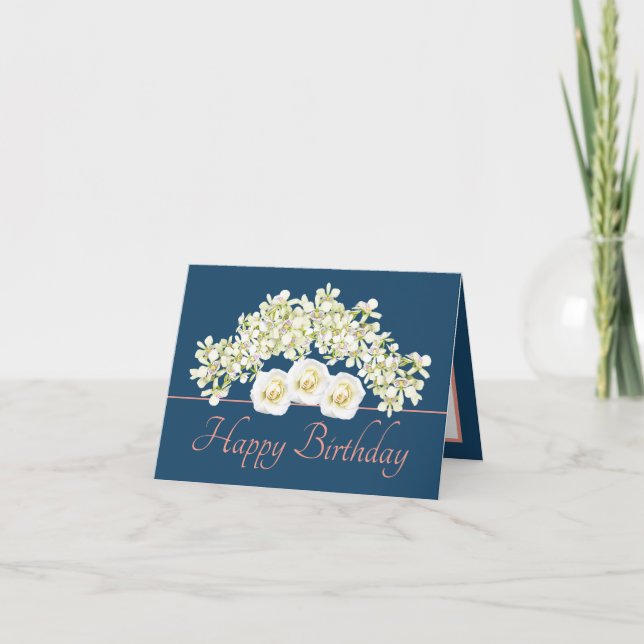 Blue Pink Bouquet Orchids Roses Happy Birthday Card (Front)