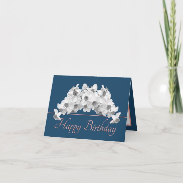 Blue Pink Bouquet White Daffodils Happy Birthday Card (Front)