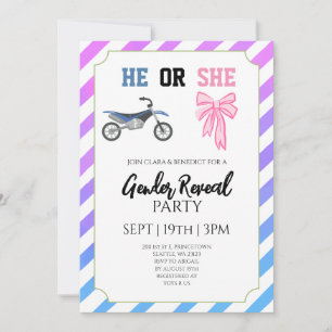 Blue Pink Bow Dirt Bike Gender Reveal Party Invitation