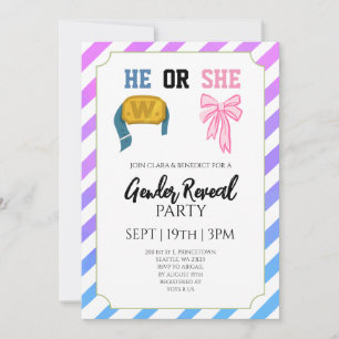 Blue Pink Bow Stripes Wresting Gender Reveal Party Invitation