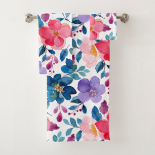 Blue Pink Bright Floral Print Bath Towel Set