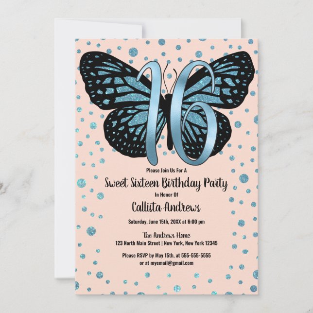 Blue Pink Butterfly Glitter Confetti Sweet 16 Invitation (Front)