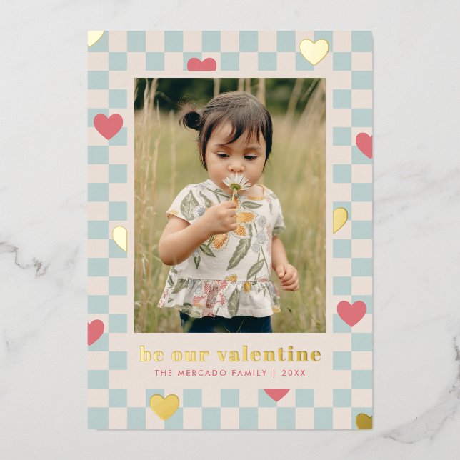 Blue Pink Chequerboard Hearts Valentine's Day Card (Front)