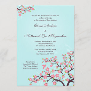 Blue pink cherry blossoms wedding invitation