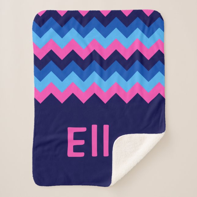 Blue Pink Chevron Monogram Small Sherpa Blanket (Front)