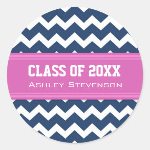 Blue Pink Chevrons Graduation Custom Name Classic Round Sticker