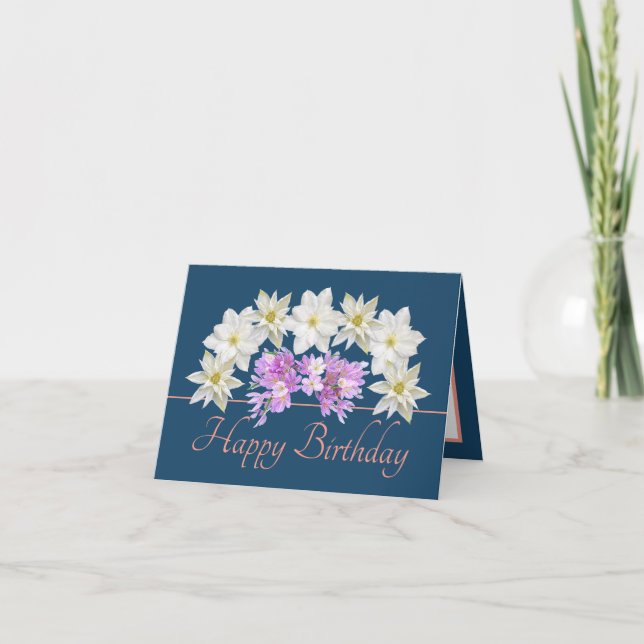 Blue Pink Chic White Purple Bouquet Happy Birthday Card (Front)
