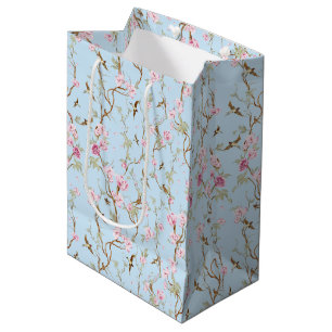 Blue & Pink Chinoiserie Botanical Birds & Flower Medium Gift Bag