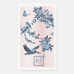 Blue Pink Chinoiserie Floral Elegant Monogram  Napkin