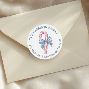 Blue Pink Chinoiserie Toile Candy Cane Address Classic Round Sticker