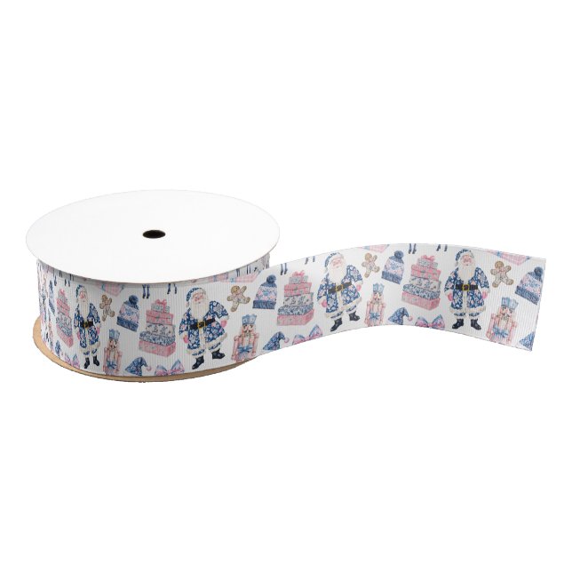 Blue & Pink Chinoiserie Toile Christmas Grosgrain Ribbon (Spool)