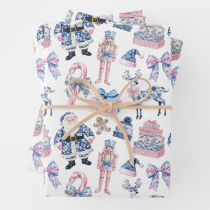 Blue & Pink Chinoiserie Toile Christmas Wrapping Paper Sheet