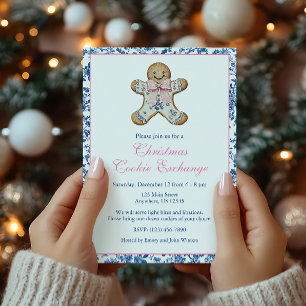 Blue & Pink Chinoiserie Toile Gingerbread Cookie Invitation