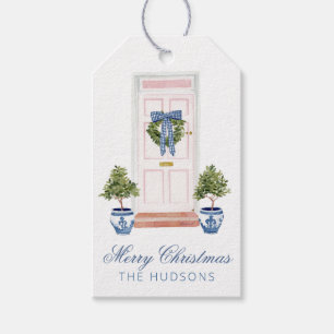 Blue & Pink Christmas Bow Wreath Door Gift Tags