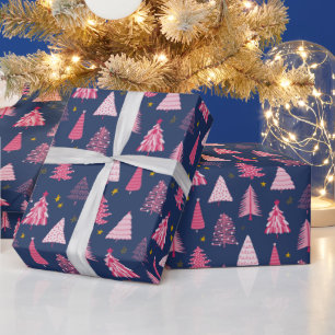 Blue & Pink Christmas Tree Pattern Wrapping Paper
