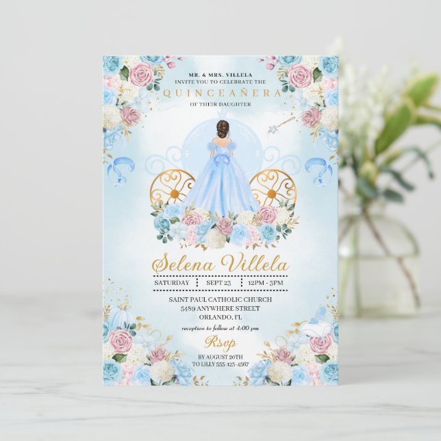 Blue & Pink Cinderella Carriage Quinceañera Invitation (Standing Front)