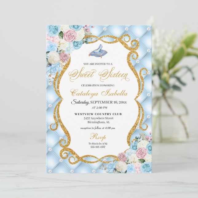 Blue Pink Cinderella Glass Shoe Princess Sweet 16 Invitation (Standing Front)
