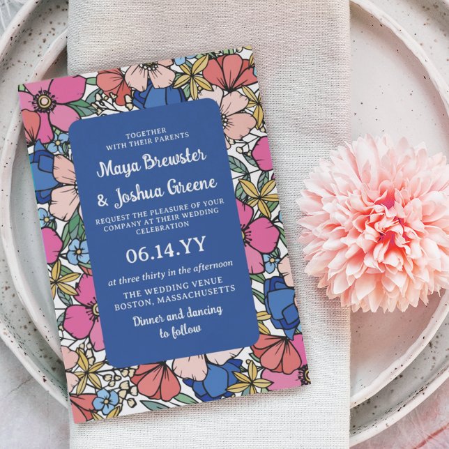 Blue Pink Coral Flowers Spring Summer Wedding Invitation (Creator Uploaded)