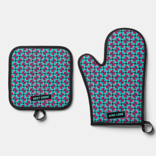 Blue Pink Cute Modern Pattern Oven Mitt & Pot Holder Set