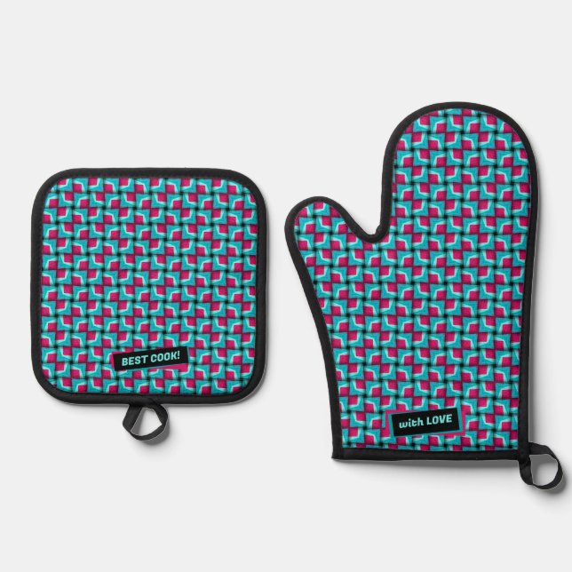 Blue Pink Cute Modern Pattern  Oven Mitt & Pot Holder Set (Front)