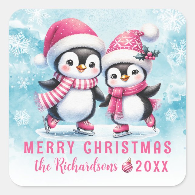 Blue Pink Cute Penguins Custom Merry Christmas Square Sticker (Front)