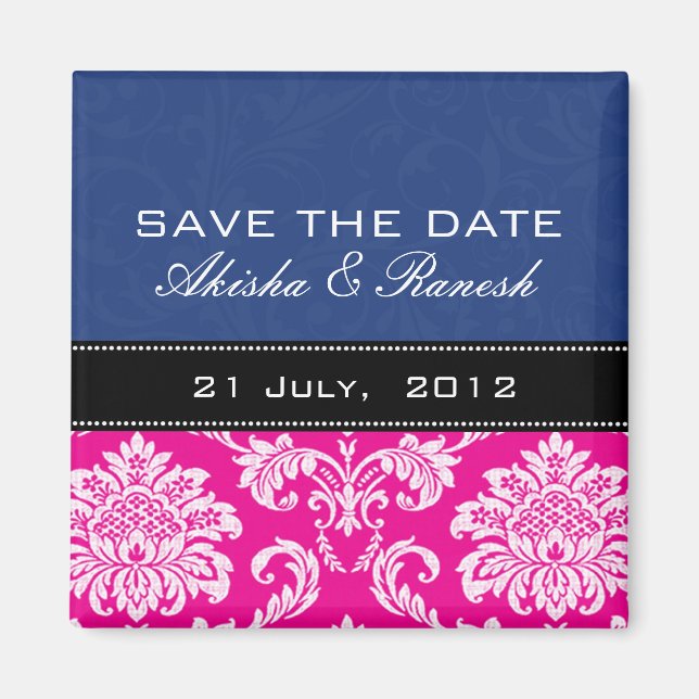 Blue Pink Damask Save the Date Magnet (Front)