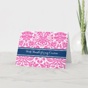 Blue Pink Damask Thank You Bridesmaid Cousin Card