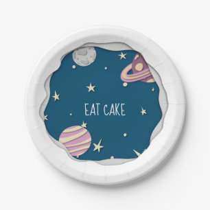 Blue Pink Eat Cake Galaxy Stars & Planets Paper Plate