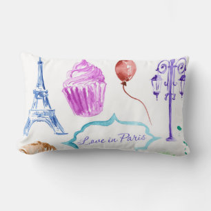 Blue Pink Eiffel Tower Paris Watercolor Art Lumbar Pillow