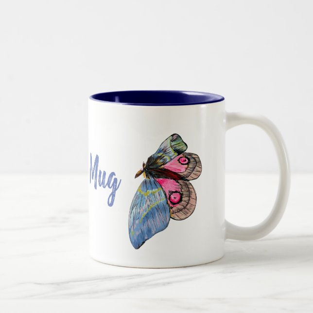 Blue Pink Exotic Butterflies Pattern Two-Tone Coffee Mug (Right)