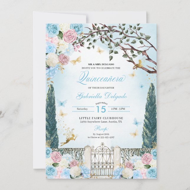 Blue& Pink Fairy Enchanted Garden Quinceanera Invitation (Front)