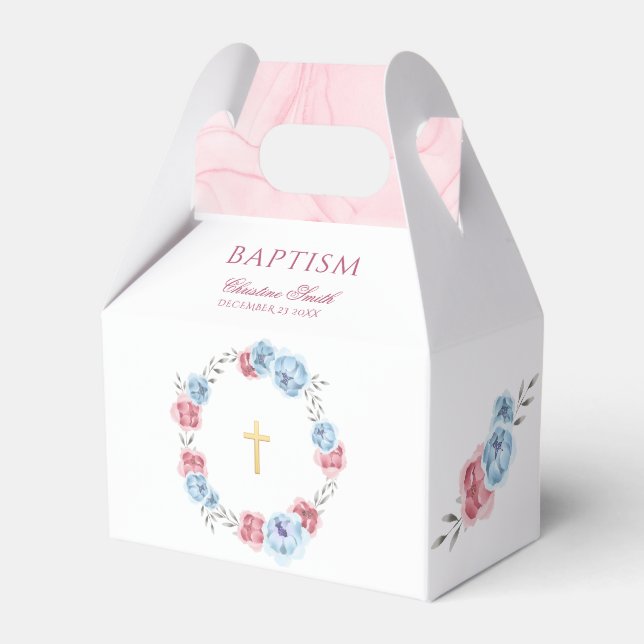 Blue Pink Floral Baby Baptism Christening Favor Box (Front Side)