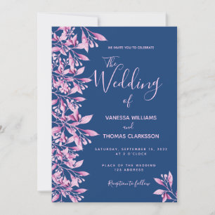 Blue pink floral botanical script wedding invitation