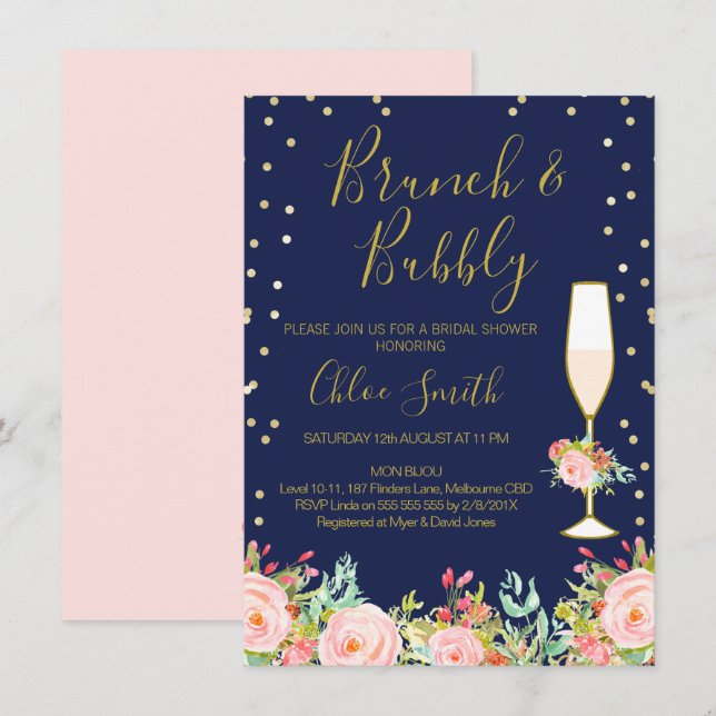 Blue Pink Floral Brunch Bridal Shower Invitation (Front/Back)
