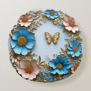 🦋 Blue Pink Floral Butterfly Room Decor Accent 🦋 Round Pillow