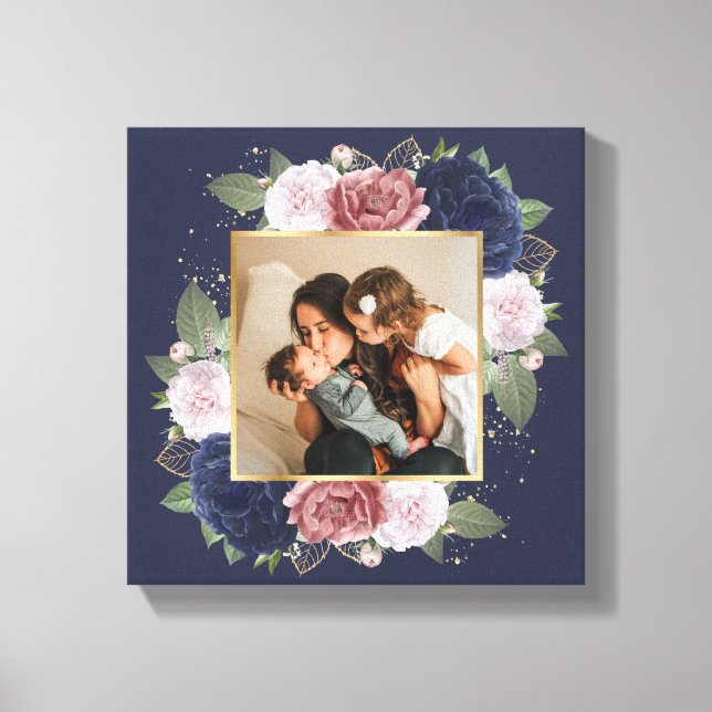 Blue Pink Floral Custom Family Photo On Canvas (Front)