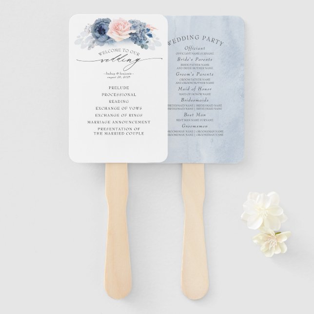 Blue Pink Floral Elegant Wedding Program Hand Fan (Front and Back)