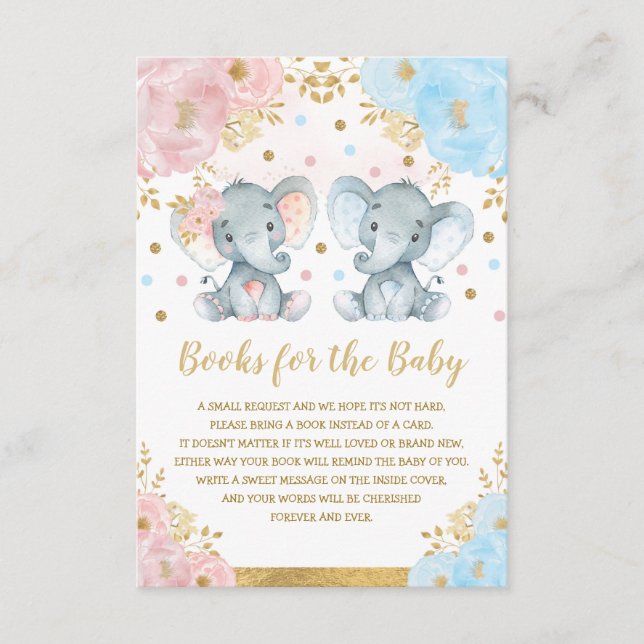 Blue Pink Floral Elephant Twins Books for Baby Enclosure Card (Front)