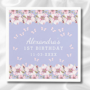 Blue Pink Floral Girl Butterfly 1st Birthday Napkin