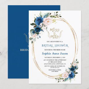 Blue Pink Floral Gold Miss To Mrs Bridal Shower Invitation