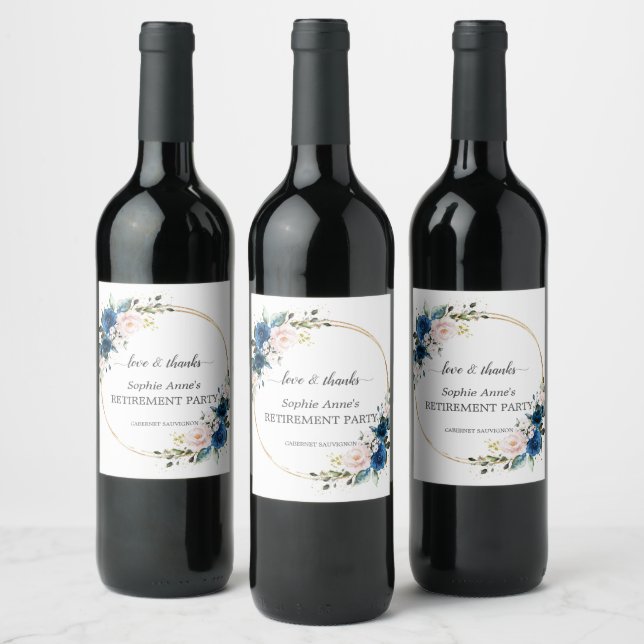 Blue Pink Floral Gold Retirement Celebration Wine Label (Bottles)