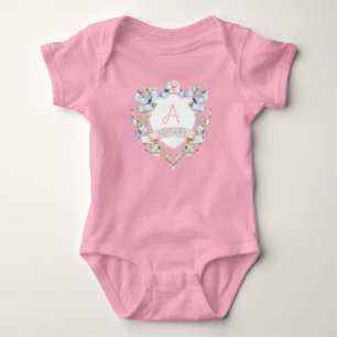 Blue & Pink Floral Grandmillennial Monogram Crest  Baby Bodysuit