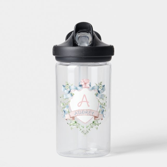 Blue & Pink Floral Grandmillennial Monogram Crest  Water Bottle (Front)