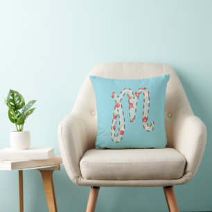 Blue Pink Floral Letter M Throw Pillow