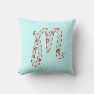 Blue Pink Floral Letter M Throw Pillow