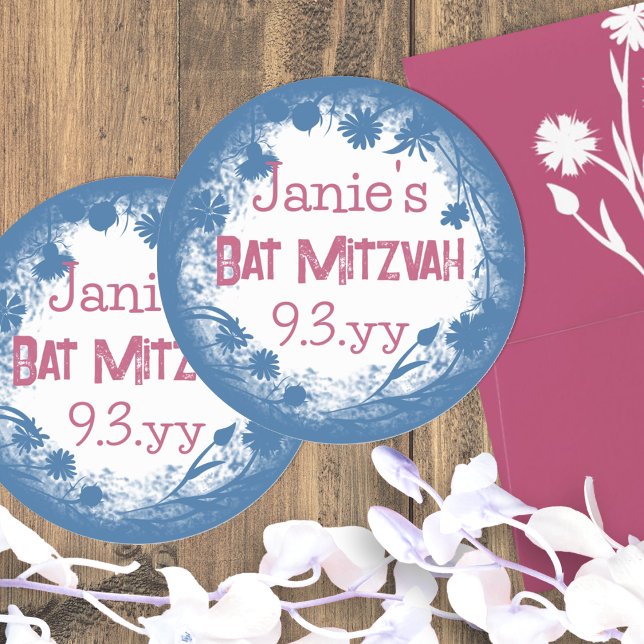 Blue Pink Floral Personalized Bat Mitzvah Stickers (round blue and pink vintage bat mitzvah party favor stickers personalized labels girls birthday)