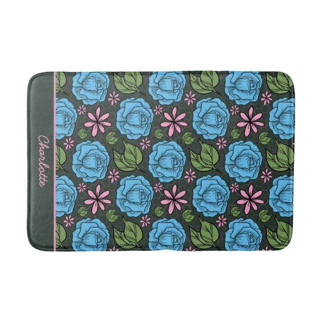 Blue pink floral seamless pattern personalized  bath mat (Front)